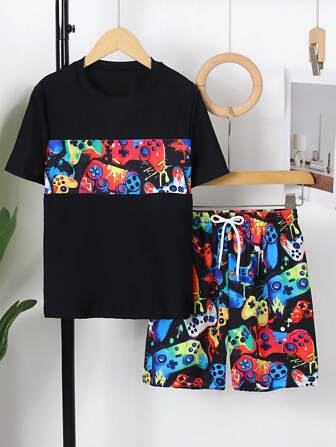 青少年男孩速干泳衣黑色拼布短袖视频游戏印花沙滩短裤休闲装