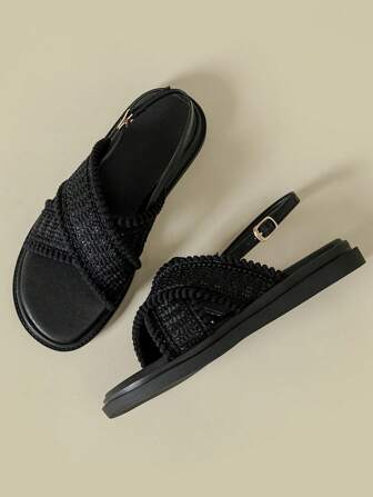 Thick Sole One-Strap Buckle Sandals, Outdoor Beach Peep Toe Wedge Heel Retro Bohemian Holiday Soft Bottom Comfortable Non-Fatiguing Fringe Woven Mesh Casual Wedge Shoes, Black Round Toe One-Strap Criss-Cross Strap Roman Sandals, Plus Size Women 41-43