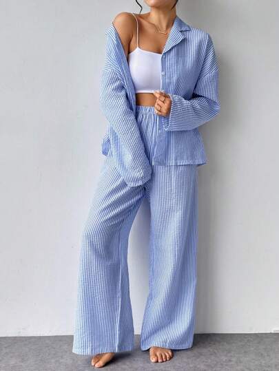 Nina Bonheur Women Gestreepte Button Front Long Sleeve Pajama Set Drawstring Pants, Schattige Sleepwear Homewear, Cozy Outfit, Fall Clothes view 2