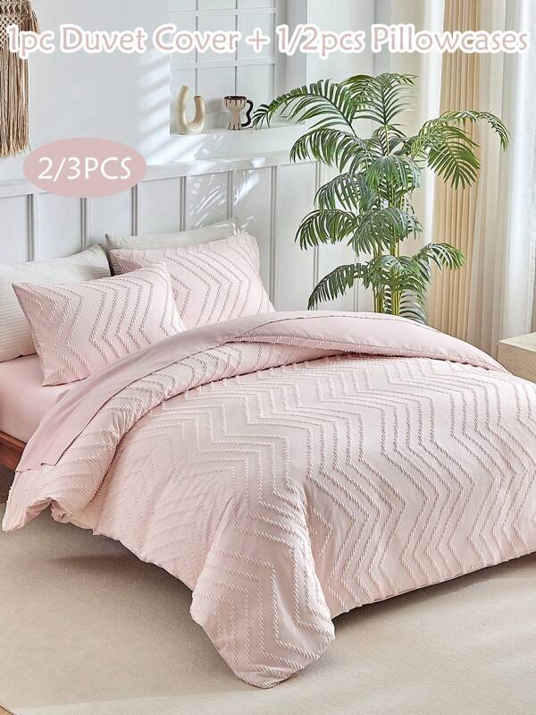 Juego de ropa de cama de 2/3 piezas con diseño a rayas de onda rosa, de fibra de peluche, estilo bohemio sencillo y elegante, compuesto por 1 edredón + 1/2 fundas de almohada, apto para todas las estaciones