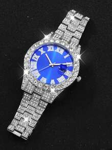 3Pcs Set: Quartz Watch With Silver Case & Rhinestone Bezel, Blue Dial & Band; Matching Blue Rhinestone Bracelet & Necklace Jewelry Set, Party/Teen Gift For Her - Blue - View 4
