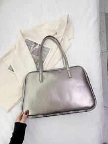 女士时尚灰色手提包，大容量校园风格单肩包，适合学生、购物、日常使用 - 灰色 - 查看 6