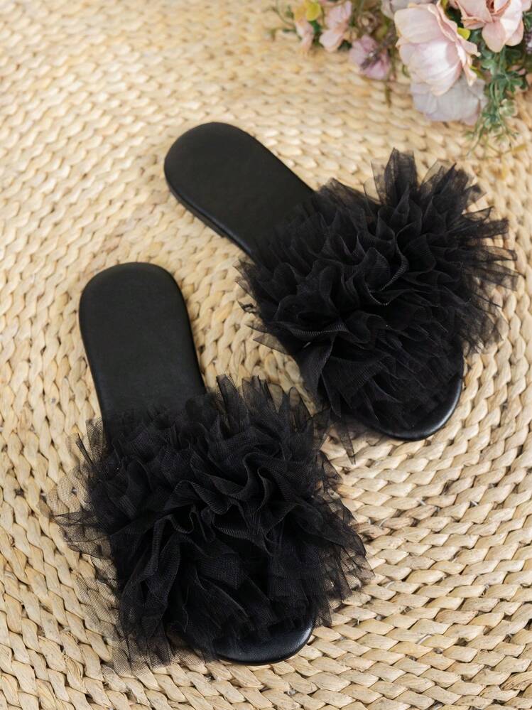 Women's Black Pleated Mesh Flat Sandals, Outdoor Strap Open Toe Comfy Lightweight Versatile Round Toe Beach Flat Slippers For Spring & Summer - Black - View 4