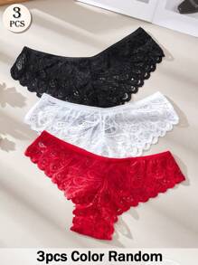 APRSEA 3pcs/Pack Women's Romantic Random Color Lightweight Breathable Sexy Lace Feather Pattern Thong Panties - Multicolor - View 2