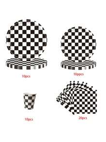 10pcs Black And White Checkered Tableware Set For Racing Car Table Decorations Supplies Race Sports Themed Dessert Plates Race-Car Party Napkins Cups For Birthdays Game Day And Racing-Themed Parties - Multicolor - View 10