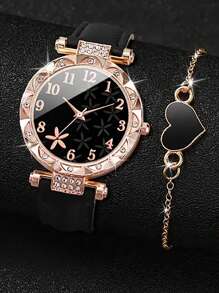 5 件套：休闲水钻心形手表、黑色心形项链、手链和耳环首饰套装、儿童派对/休闲手表套装、儿童礼物 - 黑色 - 查看 3