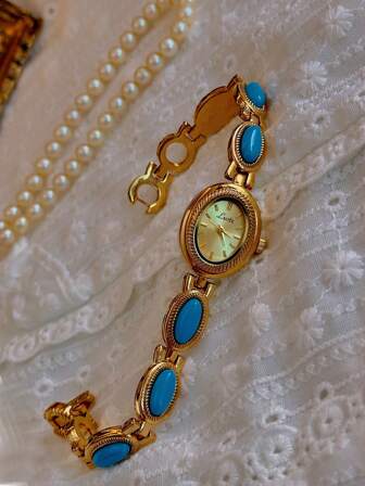 1 st Dam vintage stil mode elegant grön turkos inbäddad 30M vattentät oval kvarts armbandsur med justerbart band, lämplig för dagligt slitage, dating och present, kommer med justeringsverktyg