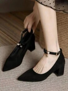 Black Dress Pearls Mid Heel Pumps For Women, French Style Elegant Formal Shoes Suitable For Skirts, Spring
