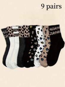 1/9 Pairs Women Leopard Print, Striped, Heart Shaped Fashion Stylish Casual Mid-Calf Socks Christmas Gift - Multicolor - View 1