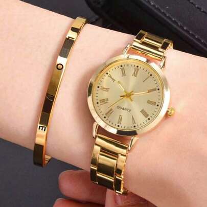 Set van 2 dameshorloges: een stijlvol en casual horloge met Romeinse cijfers en een armband met de letter LOVE, perfect voor dagelijks gebruik of als cadeau voor de feestdagen.