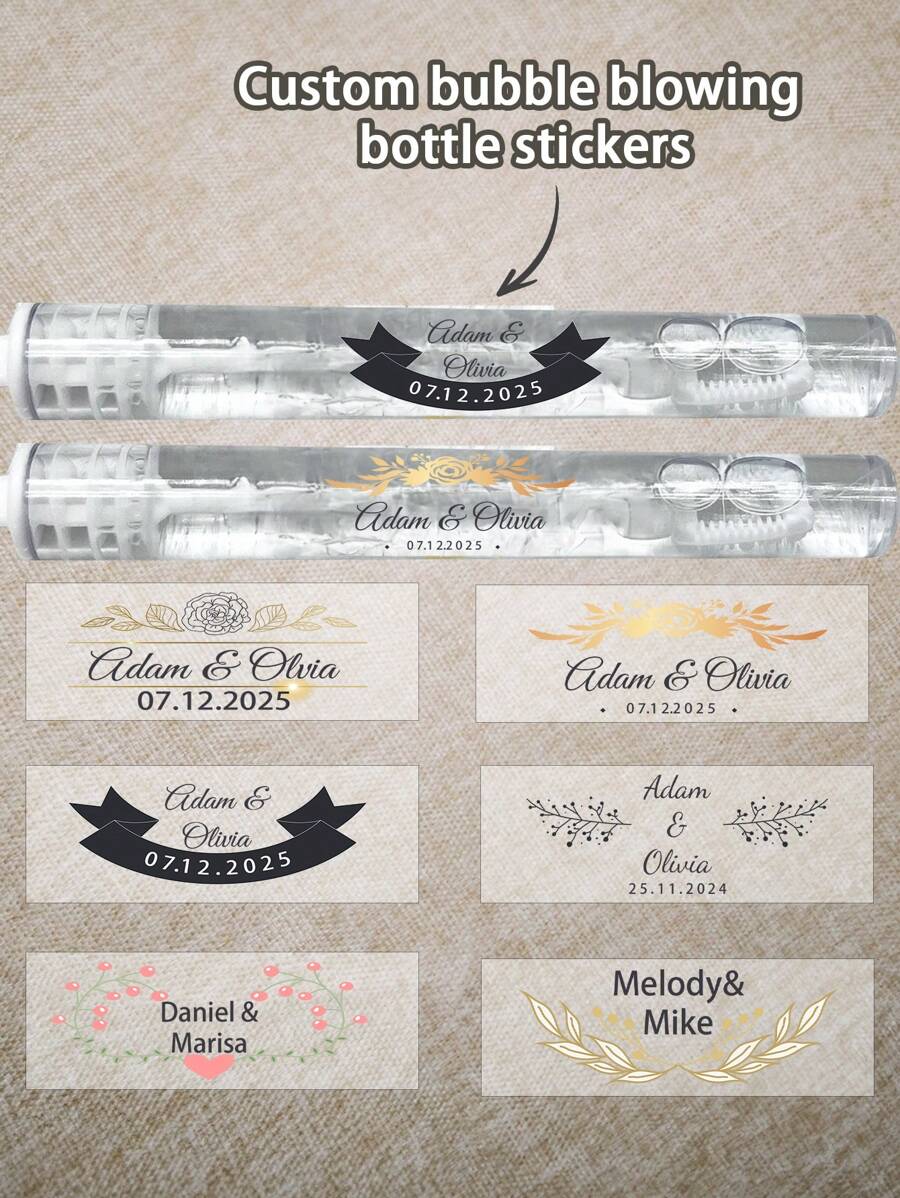 45pcs Wedding Bubble Wand Labels, Personalized Wedding Labels, Custom Wedding Stickers, Transparent Bubble Stick Labels, Bubble Wedding Labels, Customized Transparent Stickers For Bubble Party, Summer Holiday - Multicolor - View 1