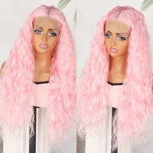 Peluca rizada suelta y larga de 26 pulgadas con encaje frontal 13x4, sin pegamento, con cabello bebé, línea del cabello natural, color rosa claro, de fibra sintética resistente al calor, para mujeres y niñas, para uso diario, fiesta, cosplay y Halloween, con una densidad del 180%