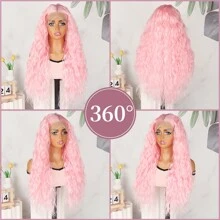Peluca rizada suelta y larga de 26 pulgadas con encaje frontal 13x4, sin pegamento, con cabello bebé, línea del cabello natural, color rosa claro, de fibra sintética resistente al calor, para mujeres y niñas, para uso diario, fiesta, cosplay y Halloween, con una densidad del 180%