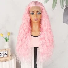 Peluca rizada suelta y larga de 26 pulgadas con encaje frontal 13x4, sin pegamento, con cabello bebé, línea del cabello natural, color rosa claro, de fibra sintética resistente al calor, para mujeres y niñas, para uso diario, fiesta, cosplay y Halloween, con una densidad del 180%