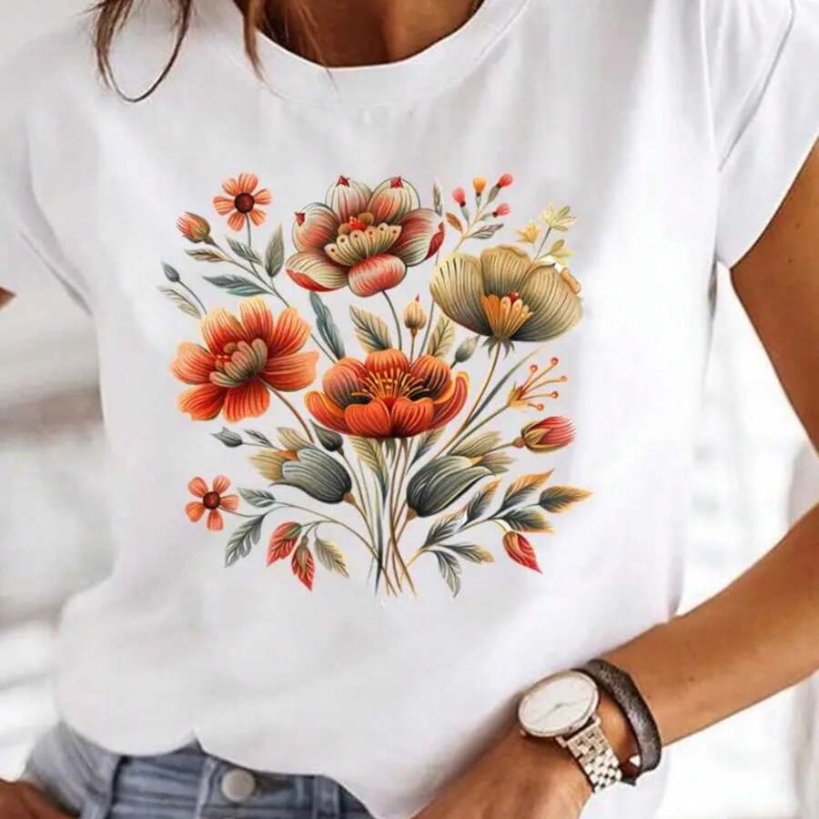 Clothing Casual O-Neck Women Fashion Lady Clothes T Female Watercolor Flower Style Graphic Tee Top Short Sve Print T-Shirts