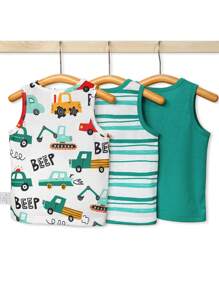minizone 3pcs/Set Baby Boy Casual Cute Cars Printed + Striped + Solid Color Vest Set