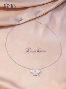Hihho 3 件套奢华银锆石泪珠项链和耳环首饰套装，优雅时尚的礼物，适合日常佩戴 - 銀色 - 查看 3
