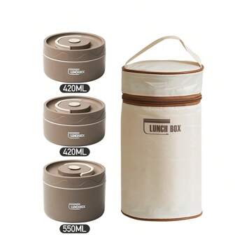 Insulated Lunch Box & Insulated Bag -1/Stainless Steel Insulated Bowl And 3pcs Stainless Steel Insulated Bowl + 1pc Insulated Bag Multiple Specifications Are Optional, Sealed Insulated Lunch Box, Suitable For School, Office, Outdoor Camping And Home Use, Brown, Microwave Friendly