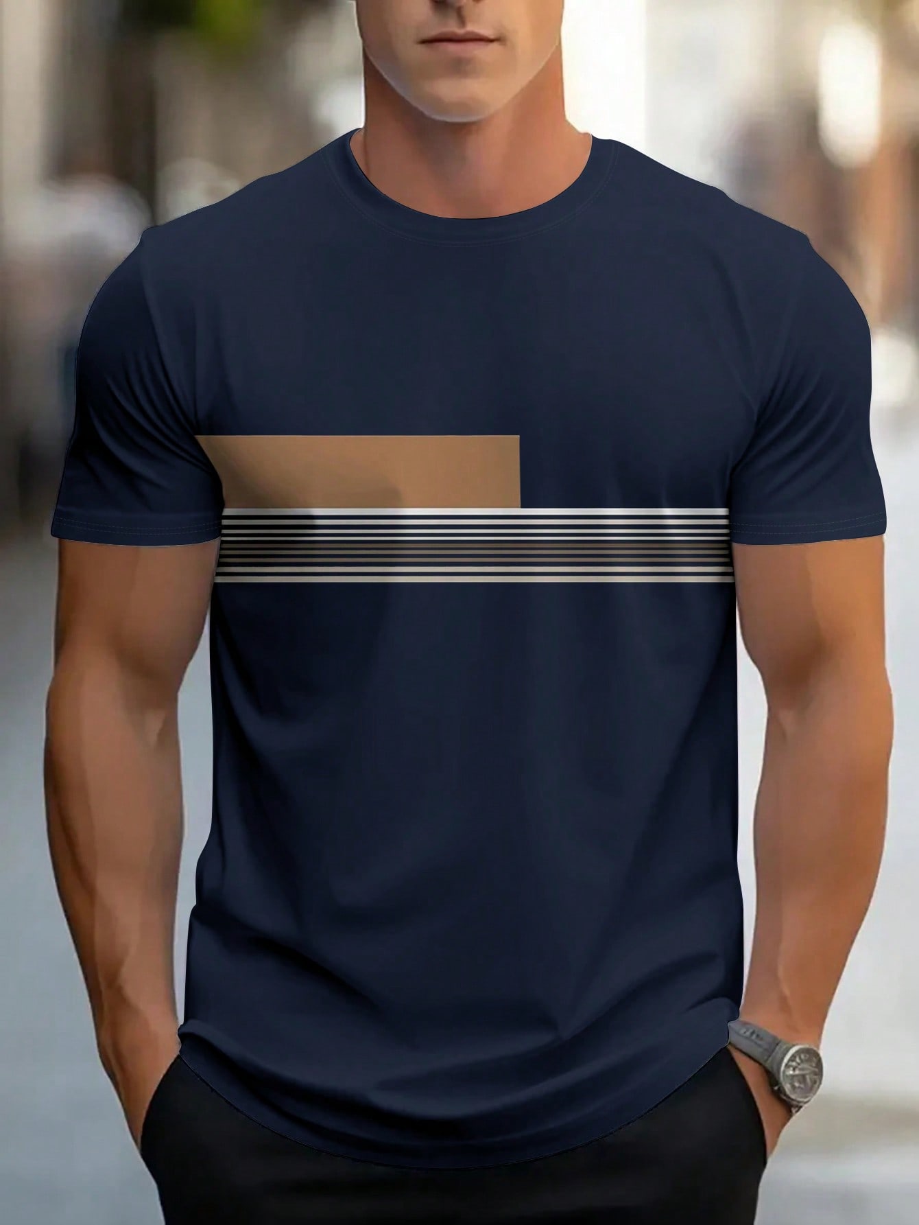 Men's Casual Striped Print Round Neck Short Sleeve T-Shirt, Summer