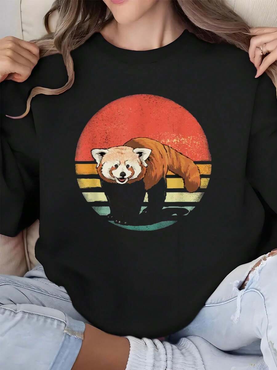 Women'S Casual Crew Neck Sweatshirt With Zoo Animals Print, All-Season Comfort, Fashion Top