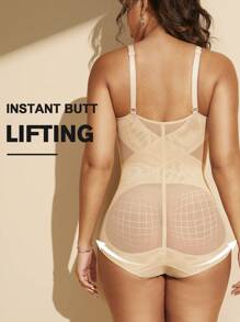 1pc Women Removable Padded Bust Shaping Mesh Patchwork Breathable Fabric Criss-Cross Tummy Control Bodysuit MOVWIN - Apricot - View 3