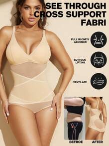 1pc Women Removable Padded Bust Shaping Mesh Patchwork Breathable Fabric Criss-Cross Tummy Control Bodysuit MOVWIN - Apricot - View 4