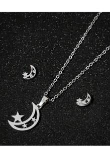 3 Pieces/Set Stainless Steel Exquisite Moon Star Earrings Necklace, Women Set Asymmetrical Star Moon Bride Engagement Earrings Wedding Gift - C-tZ111 - View 4