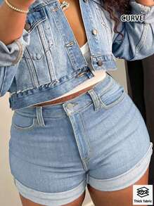 Hot Selling European And American Cross-Border Daily Versatile Simple Stretch Jeans Rolled Hem Shorts Plus Size Denim Shorts - Light Wash - View 4
