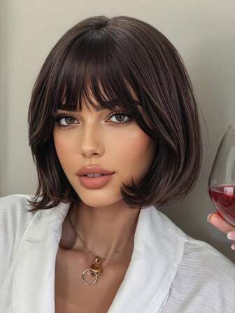 10 英寸黑棕色短波浪发合成耐热假发全假发 C 卷发烫发短发女士假发带刘海，适合日常和派对角色扮演使用