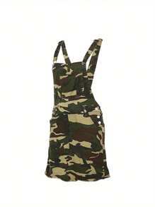 Summer Denim Overall Dress For Women  Solid Color/Camouflage/Flag Print Sleeveless Suspender Skirt With Pockets For Girls - Army Green - View 2