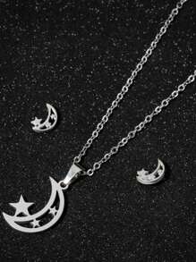 3 Pieces/Set Stainless Steel Exquisite Moon Star Earrings Necklace, Women Set Asymmetrical Star Moon Bride Engagement Earrings Wedding Gift - C-tZ111 - View 6