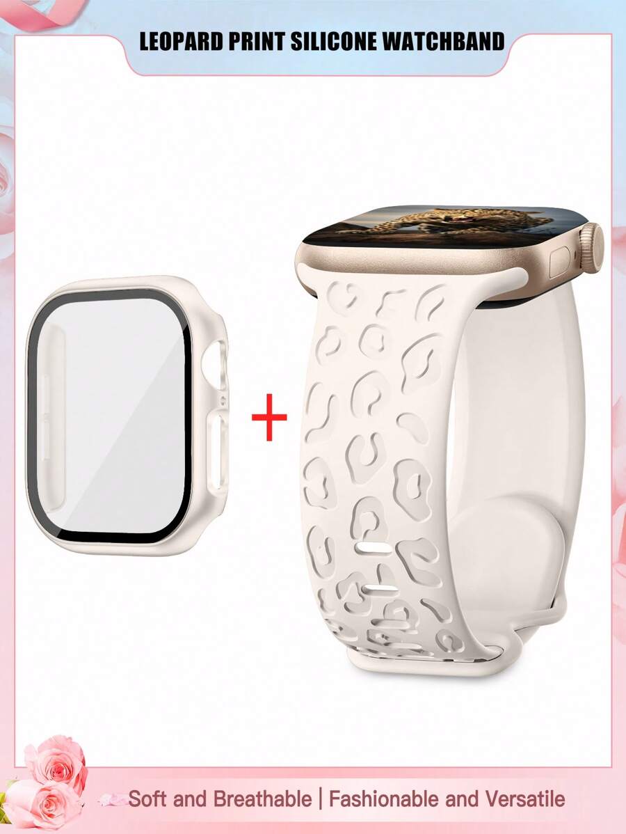 3-In-1: Watchband, Case, Film Compatible With Apple Watch 46mm 38mm 40mm 41mm 45mm 44mm 42mm 49mm - Includes Soft, Breathable Silicone Leopard Engraved Strap With Butterfly Buckle, PVC Protective Case,Tempered Glass Screen Protector; Versatile Casual Wristband, Bracelet For Party, Valentine's Day, New Year Gifts, Compatible With Apple Watch Ultra Series 10/9/8/7/6/5/SE/4/3/2/1 - Starlight - View 1