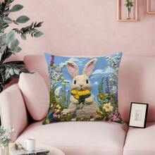 [2D Printed] 1pc 17.7"X17.7"(45x45cm) [Non-Embroidered] 2D Printed Floral & Rabbit Embroidery-Look Pattern Cushion Cover, [Single-Sided Printed] [Pillow Insert Not Included] Polyester Home Decor Backrest Pillow Cover, Sofa, Windowsill, Suitable For Daily Use, High-End Minimalist Self-Use Decoration, Living Room, Bedroom, Car Decoration