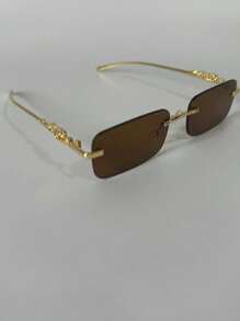 Cheetah Decor Clear Ocean Lens Eyewear Retro Rimless Rectangle Sunglasses Women Men UV400 - 鏽棕色 - 查看 2
