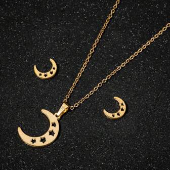 3 件/套朋克不锈钢吊坠项链、星月耳环项链套装，适合女士参加宴会或时尚比赛佩戴，也可作为礼物