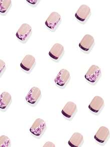 24 Peças Unhas Curtas Quadradas, Flores Roxas e Brancas Criativas e Elegantes, Unhas Francesas Falsas de Arte de Unhas, Adequadas para Meninas Usarem, Unhas Postiças. Suprimentos de Unhas Postiças