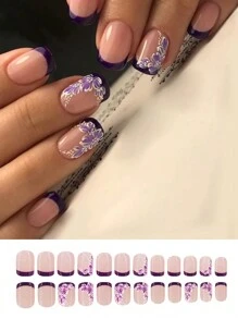 24 Peças Unhas Curtas Quadradas, Flores Roxas e Brancas Criativas e Elegantes, Unhas Francesas Falsas de Arte de Unhas, Adequadas para Meninas Usarem, Unhas Postiças. Suprimentos de Unhas Postiças