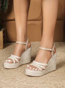 Giày sandal đế xuồng cao gót kiểu dáng thường ngày dành cho nữ, màu mơ, phù hợp với trang phục mùa xuân hè. - Màu be - Xem 6