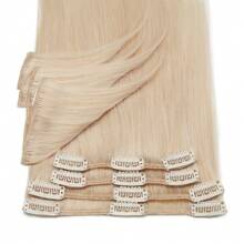Blonde 8PCS With 18Clips Straight Clip In Human Hair Extensions Real Natural Virgin Remy Human Hair Extensions Clip Ins For Women Daily Use Easy To Wear Clip Ins Hair Extentions Long 10-24Inch - 香檳色 - 查看 3