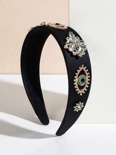 1pc Vintage Luxurious Gemstone & Faux Pearl Decor Headband Hair Accessory,Hairband,Hair Hoop Headbands, Black ,Head Piece