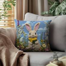 [2D Printed] 1pc 17.7"X17.7"(45x45cm) [Non-Embroidered] 2D Printed Floral & Rabbit Embroidery-Look Pattern Cushion Cover, [Single-Sided Printed] [Pillow Insert Not Included] Polyester Home Decor Backrest Pillow Cover, Sofa, Windowsill, Suitable For Daily Use, High-End Minimalist Self-Use Decoration, Living Room, Bedroom, Car Decoration