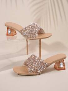 Women's Summer New Crystal Rhinestone Embellished High Heel Sandals, Elegant Apricot Color Crystal Heel Dress Shoes, Suitable For Parties, Galas, Weddings, And Fashion Outfits