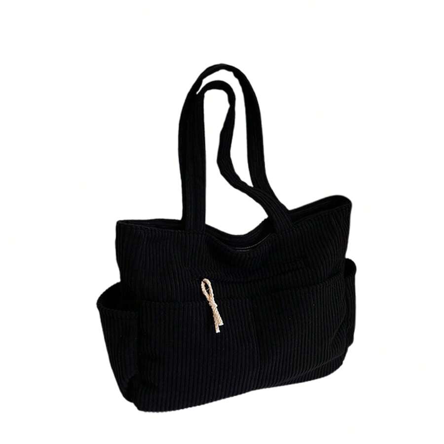 Bolsos de hombro para mujer con bolsillos, de pana, elegantes, acanalados, de gran capacidad, lisos, tipo tote - Negro - Ver 1