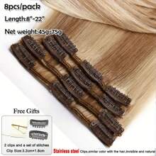 Blonde 8PCS With 18Clips Straight Clip In Human Hair Extensions Real Natural Virgin Remy Human Hair Extensions Clip Ins For Women Daily Use Easy To Wear Clip Ins Hair Extentions Long 10-24Inch - 香檳色 - 查看 6
