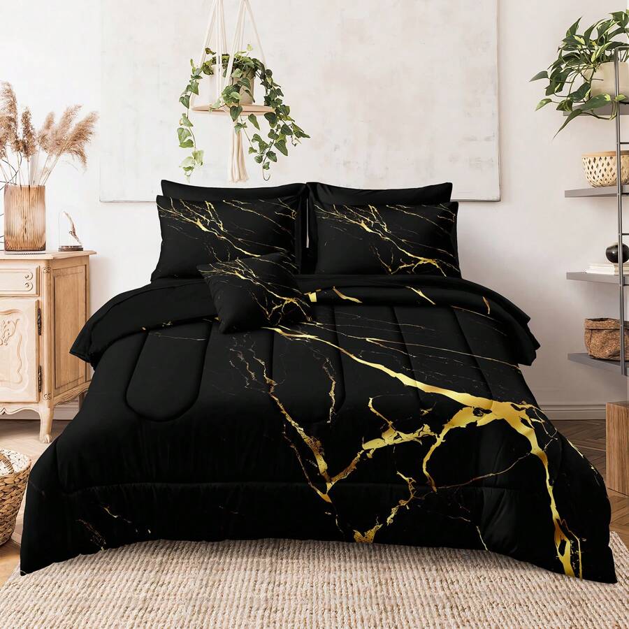 Juego de edredón de mármol negro de 8 piezas en una bolsa, tamaño Queen, juego de cama de mármol metálico dorado, juego de edredón de mármol negro y dorado - Negro - Ver 1