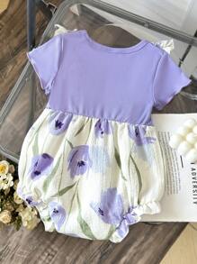 Baby Girls' French Pastoral Bodysuit, Tie Dye Tulip Splice & Ribbing Casual Outdoor Short Bodysuit For Summer - Purple - View 2