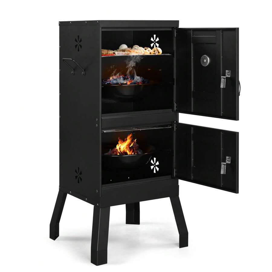 Outdoor Smoker With Double Doors, 2 Detachable Grill Netting Smoking Racks, Charcoal Pan & Water Pan, 4 Air Vents, Thermometer, Vertical Charcoal Smoker For Barbecue Camping Backyard Grill - 黑色 - 查看 1