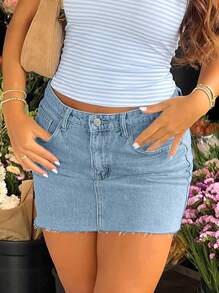 Top Simple, Casual, Basic, Versatile And Popular Mid-Waist Denim Skirt For Women - Light Wash - View 3