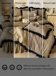 3 件套柔软舒适荷叶边床上用品套装，深咖啡色，适合卧室、客房 - 咖啡棕 - 查看 6