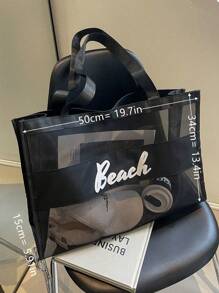 Bolso de playa de malla, bolso de playa con forma de corazón y letra, bolso de playa plegable a prueba de agua y arena, bolso de playa de malla para mujer con asa de hombro, decoración de letra para vacaciones de playa, almacenamiento y compras para adolescentes, mujeres y estudiantes universitarios, bolso de gran capacidad para mujeres